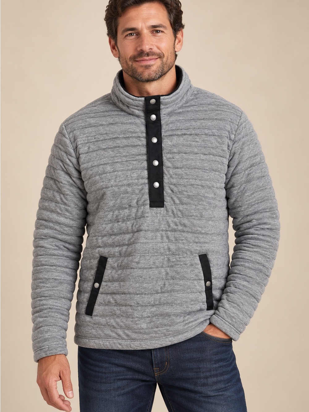 Duluth Trading Co Quilted Heather Gray Snap-Placket Zip-Up Sweater